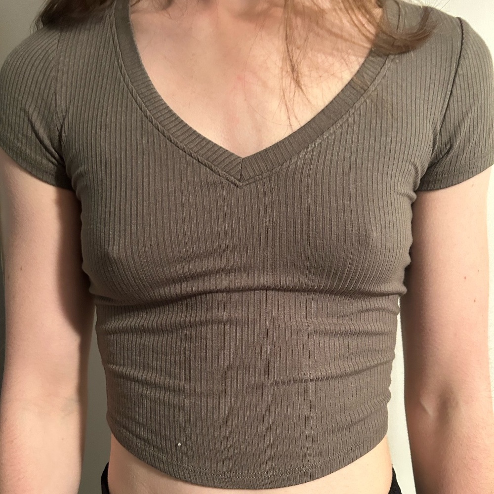 BOZZOLO Ribbed Cropped T-Shirt, Green, Size Medium